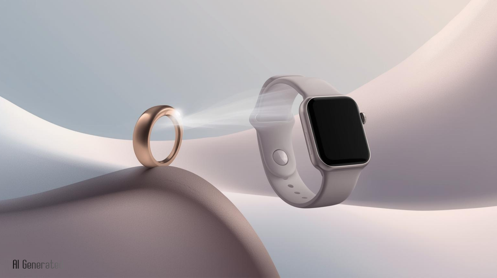 부드러운 파스텔 톤의 추상적인 곡선 배경 위에 로즈 골드 빛의 스마트 링과 세련된 그레이 톤의 스마트 워치가 마주 보고 있는 미니멀 디자인. 링에서 뿜어져 나오는 은은한 빛이 워치와 연결되는 연출을 통해 기기 간의 데이터 동기화와 기술적 조화를 시각화함