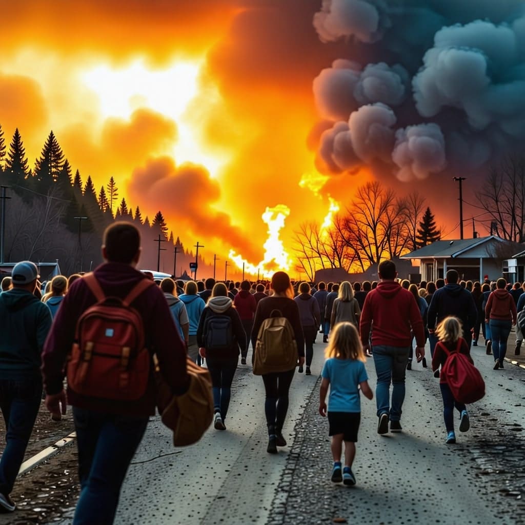 산불로 인해 대피하는 사람들의 모습. 긴급 상황의 긴박함을 전달.