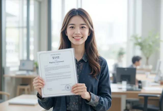 등기부등본 문서를 자랑스럽게 들고 있는 모습