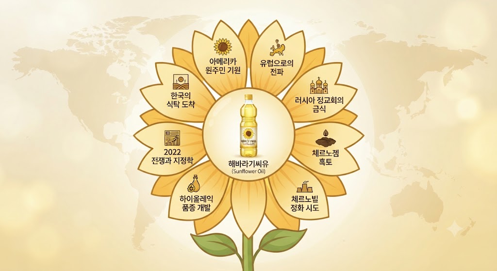 해바라기 꽃잎을 형상화한 타임라인 인포그래픽입니다. 꽃잎 하나하나가 주요 사건을 상징하며, 중심에는 해바라기씨유 병이 놓여 있습니다. 1. 아메리카 원주민 (고대), 2. 스페인 전파 (16세기), 3. 러시아 정교회 (18세기), 4. 체르노젬 (우크라이나), 5. 체르노빌 정화 (1986), 6. 하이올레익 품종 개발, 7. 2022 전쟁 발발, 8. 한국 식탁 도착의 여정을 아이콘으로 요약했습니다.