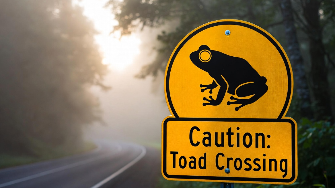 두꺼비 보호를 위해 도로변에 설치된 주의 표지판