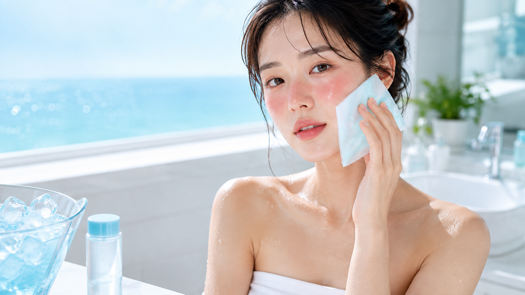 여름 휴가 후 붉어진 피부에 차가운 쿨링 패드를 대는 여성