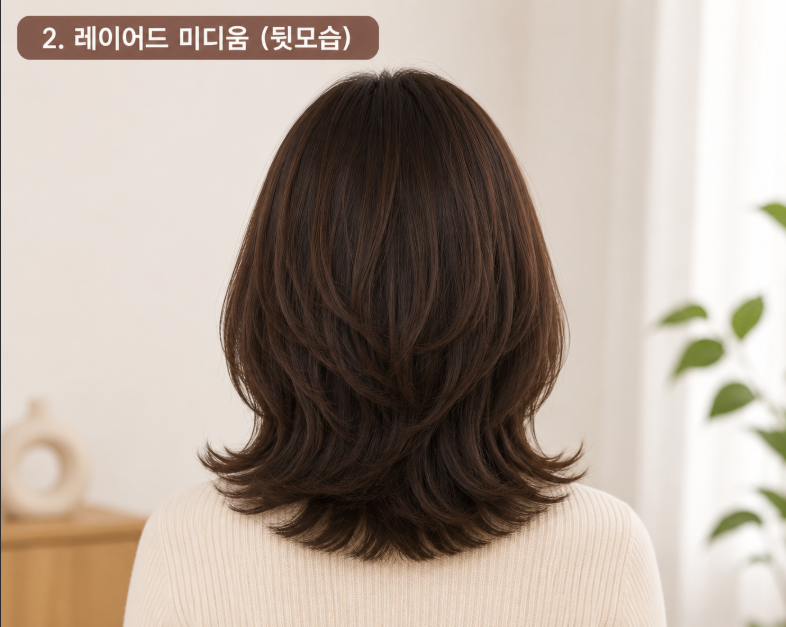 레이어드 미디움 헤어스타일 뒷모습 40대 여성