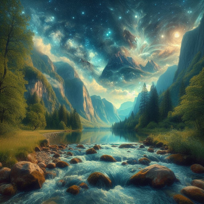 별이 가득한 하늘과 고요한 강물이 아름답게 조화를 이룬 풍경입니다.