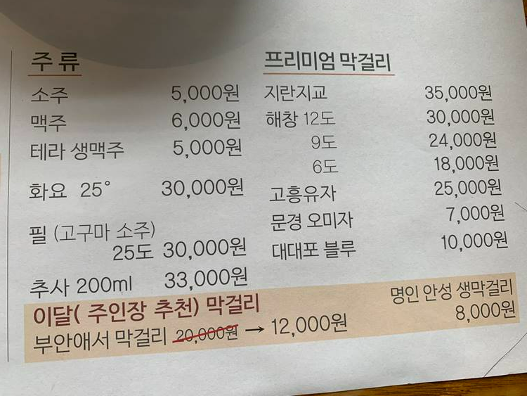 주류 종류와 가격