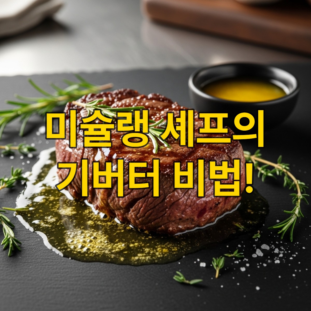 완벽하게 시어링된 스테이크와 황금빛 기버터가 돋보이는 고급 요리 사진.