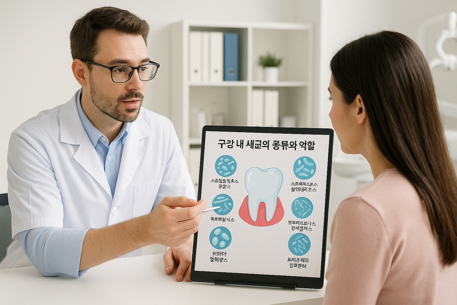 구강 세균 종류와 역할을 시각적으로 설명하는 치과 상담 장면이다.