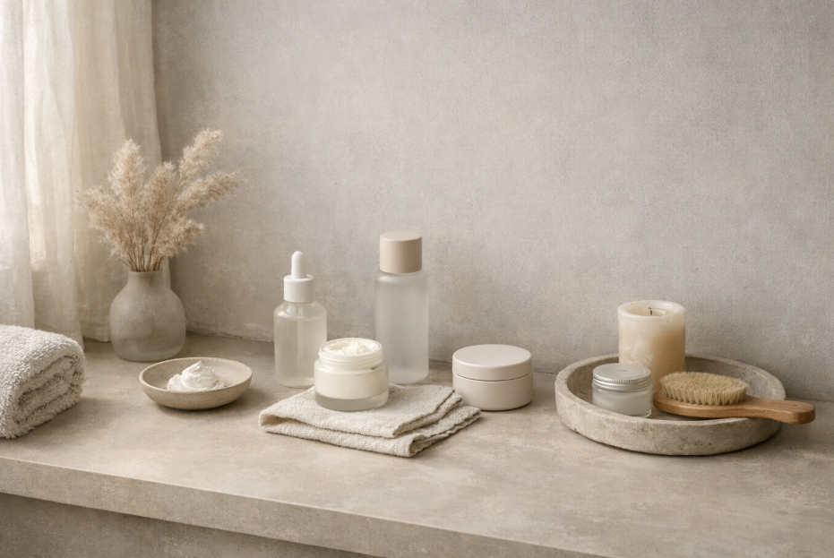 편한안 느낌의 욕실 카운터 풍경 AI 이미지