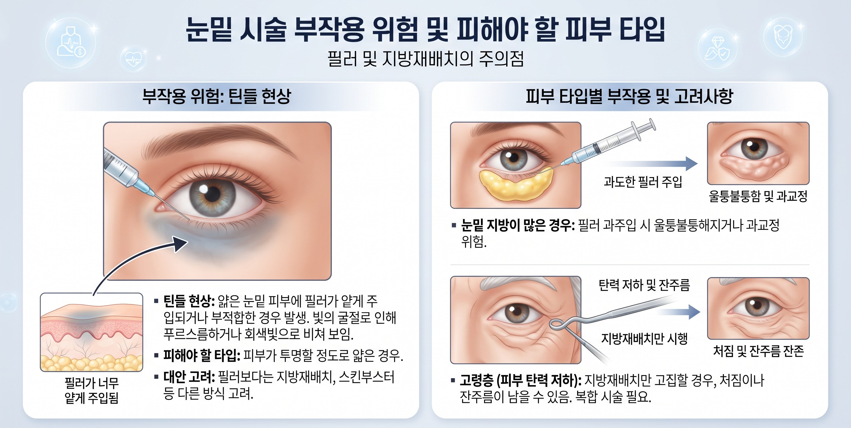 눈밑 시술 부작용인 틴들 현상과 과도한 필러 주입으로 인한 울퉁불퉁함, 피부 탄력 저하에 따른 지방재배치 시 주의점을 설명하는 인포그래픽