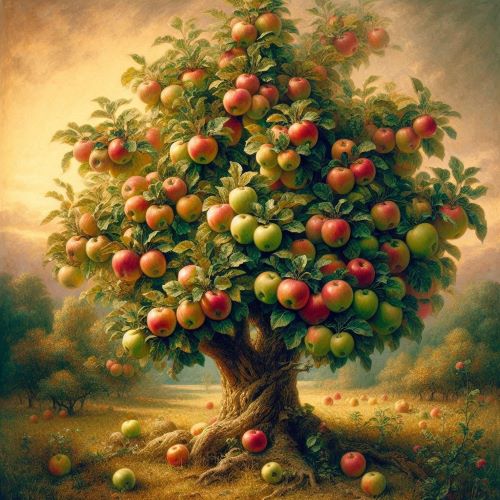 탐스런 사과가 열린 사과나무 한그루가 서 있다.