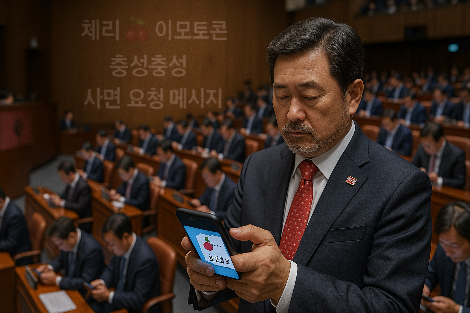 국회 본회의장의 스마트폰 메시지