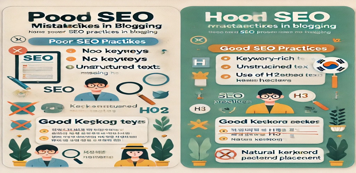 블로그 글쓰기에서 SEO를 고려한 예시와 잘못된 예시 인포그래픽 – 키워드 없는 제목 vs 최적화된 제목, 구조 없는 본문 vs H2/H3 활용 구조