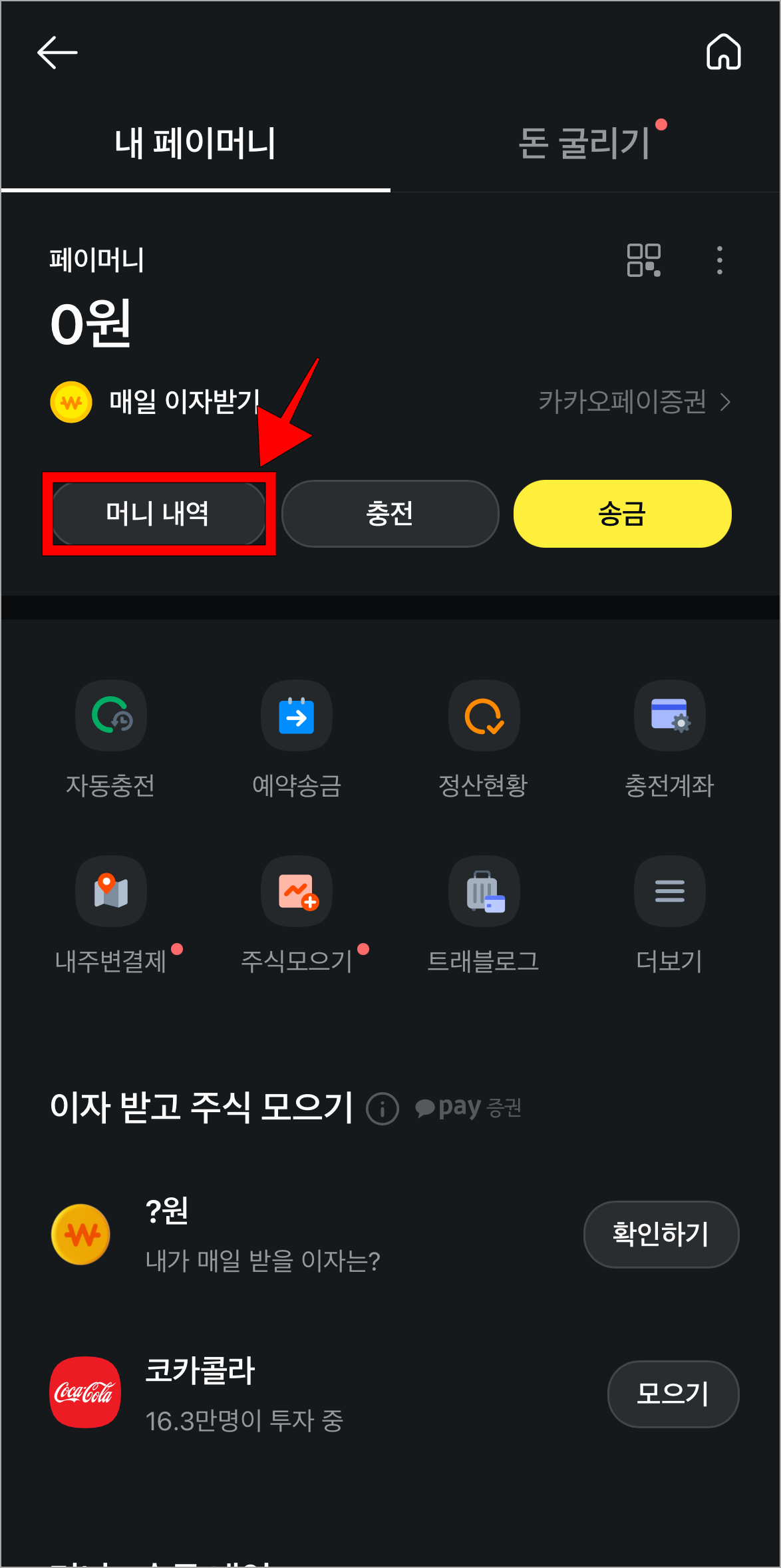 페이머니 화면에서 '머니 내역'을 선택