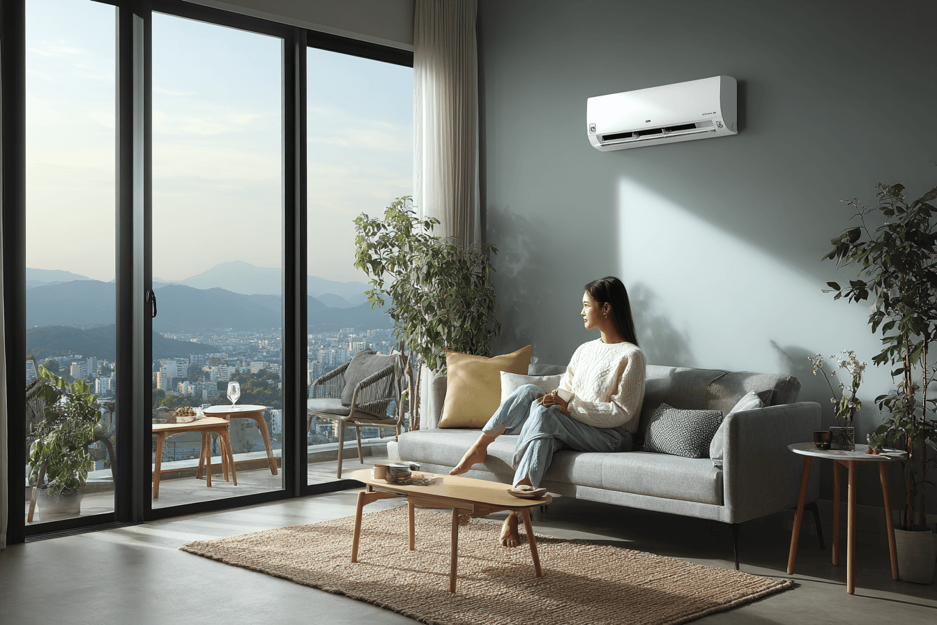거실에서-에어컨을-틀고-쇼파에-앉아있는-여성-이미지