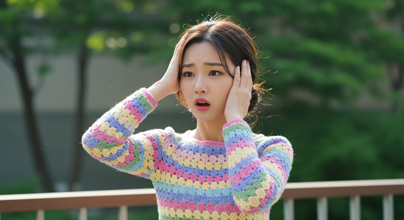 어지러워 머리를 잡고있는 여성