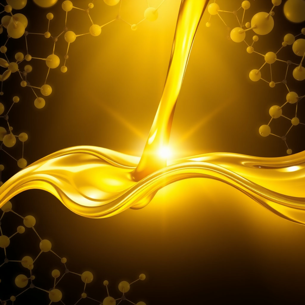 올리브 오일의 액체가 에너지를 상징하는 밝은 빛을 발산하며 흐르는 모습을 역동적으로 표현합니다. 배경에는 세포나 에너지 생성 과정을 연상시키는 추상적인 패턴을 넣어 과학적이면서도 활기찬 느낌을 줍니다.