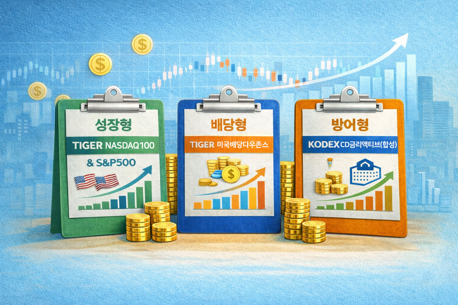 성장형 배당형 방어형 ETF를 나눠 보여주는 1천만 원 투자 전략 금융 이미지