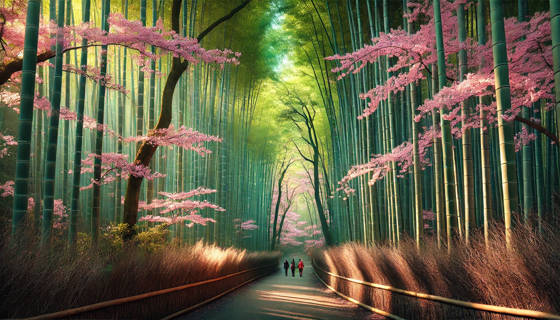 아라시야마의 대나무 숲과 만개한 벚꽃이 어우러진 풍경