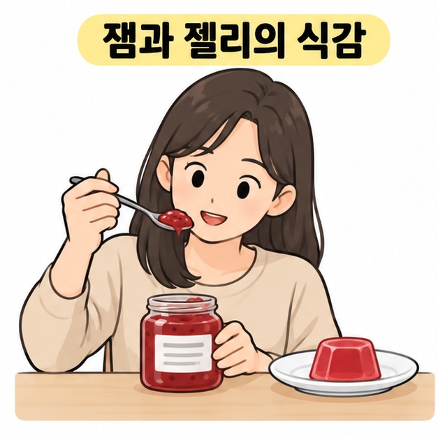 잼과 젤리의 식감 제목 아래 과일 젤리 옆에서 숟가락으로 잼을 떠 살펴보는 여성