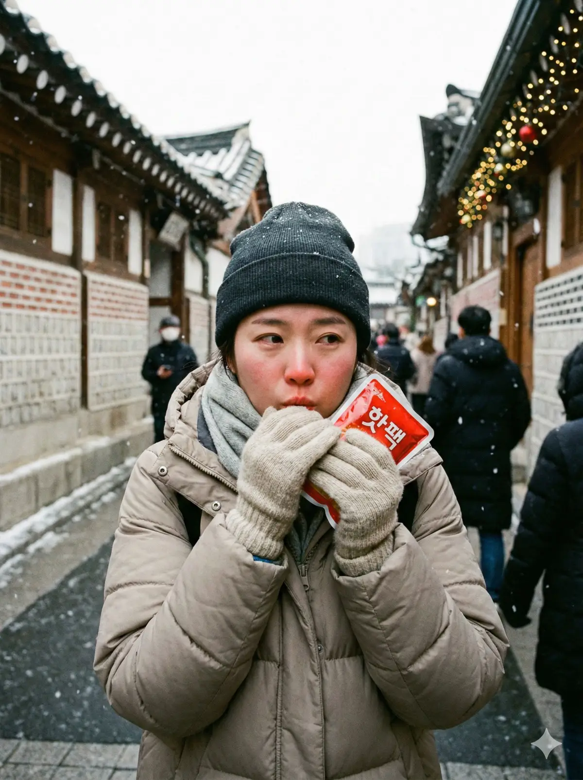 두꺼운 장갑을 끼고 핫팩을 쥐고 있지만 여전히 추위에 떨며 손을 호호 불고 있는 여성의 모습
