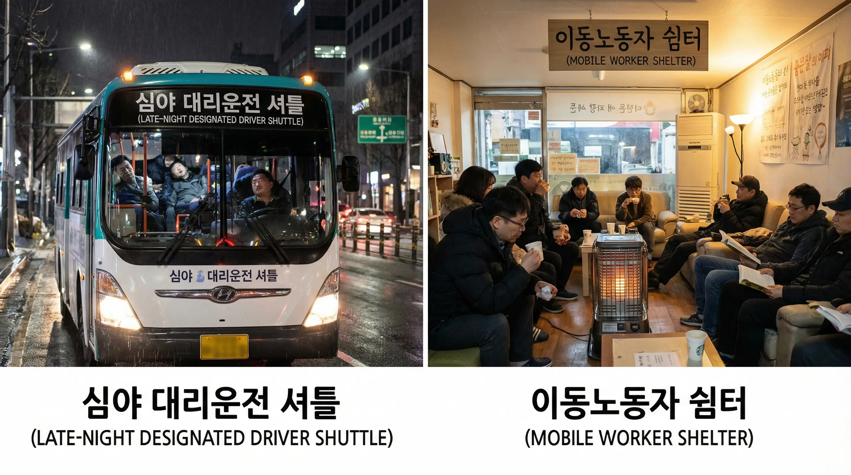 심야 시간에 운행하는 대리기사 전용 셔틀버스와 따뜻한 이동노동자 쉼터 내부 이미지