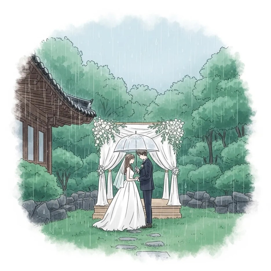 촉촉한 비 속에서도 로맨틱한 야외 결혼식 풍경