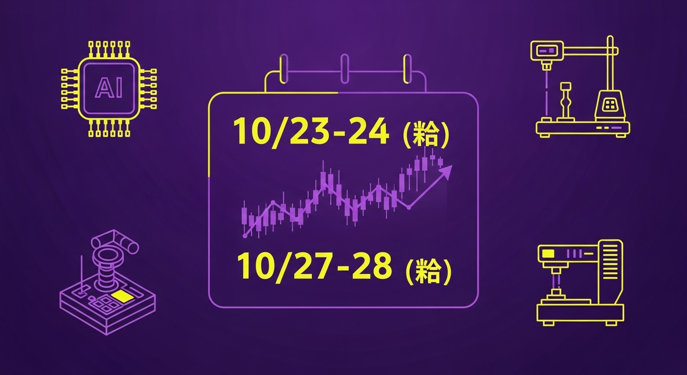 "A creative, professional image for an IPO schedule post. Use a color palette dominated by deep purple and bright yellow accents. The visual should feature stylized icons representing AI (like a lightweight chip) and testing equipment (like a lab device). In the center, a calendar with '10/23-24 (노타)' and '10/27-28 (이노테크)' highlighted in bright yellow, with a rising stock graph line in purple. Use a sleek, modern, tech-focused design."