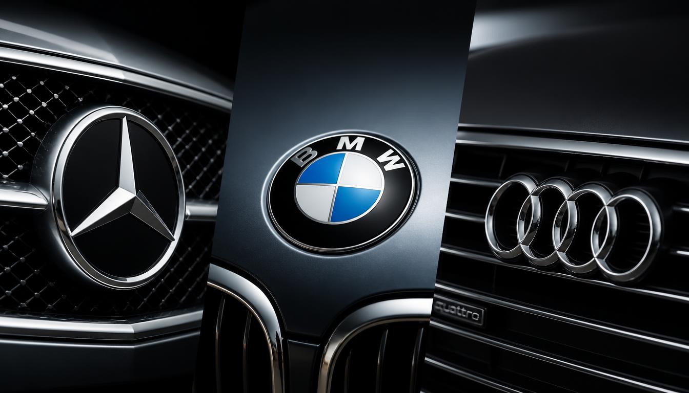 Close-up editorial shot featuring the metallic emblems and logos of Mercedes-Benz, BMW, and Audi side by side.