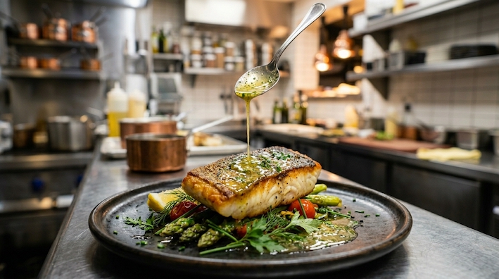 pan-fried fish steak with grilled vegetables