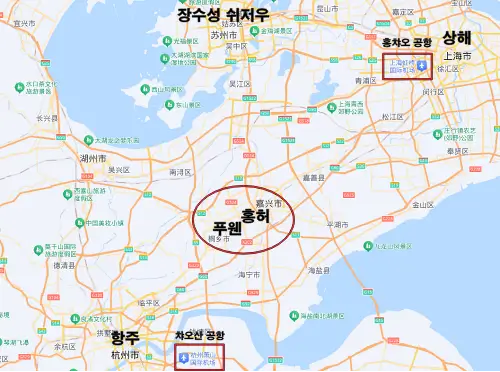 항주-및-상하이에서-홍허까지의-위치-지도