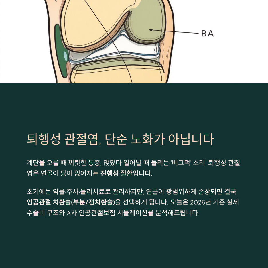 퇴행성 관절염으로 인해 무릎 연골이 닳아 없어지는 진행성 질환 진행 단계 일러스트