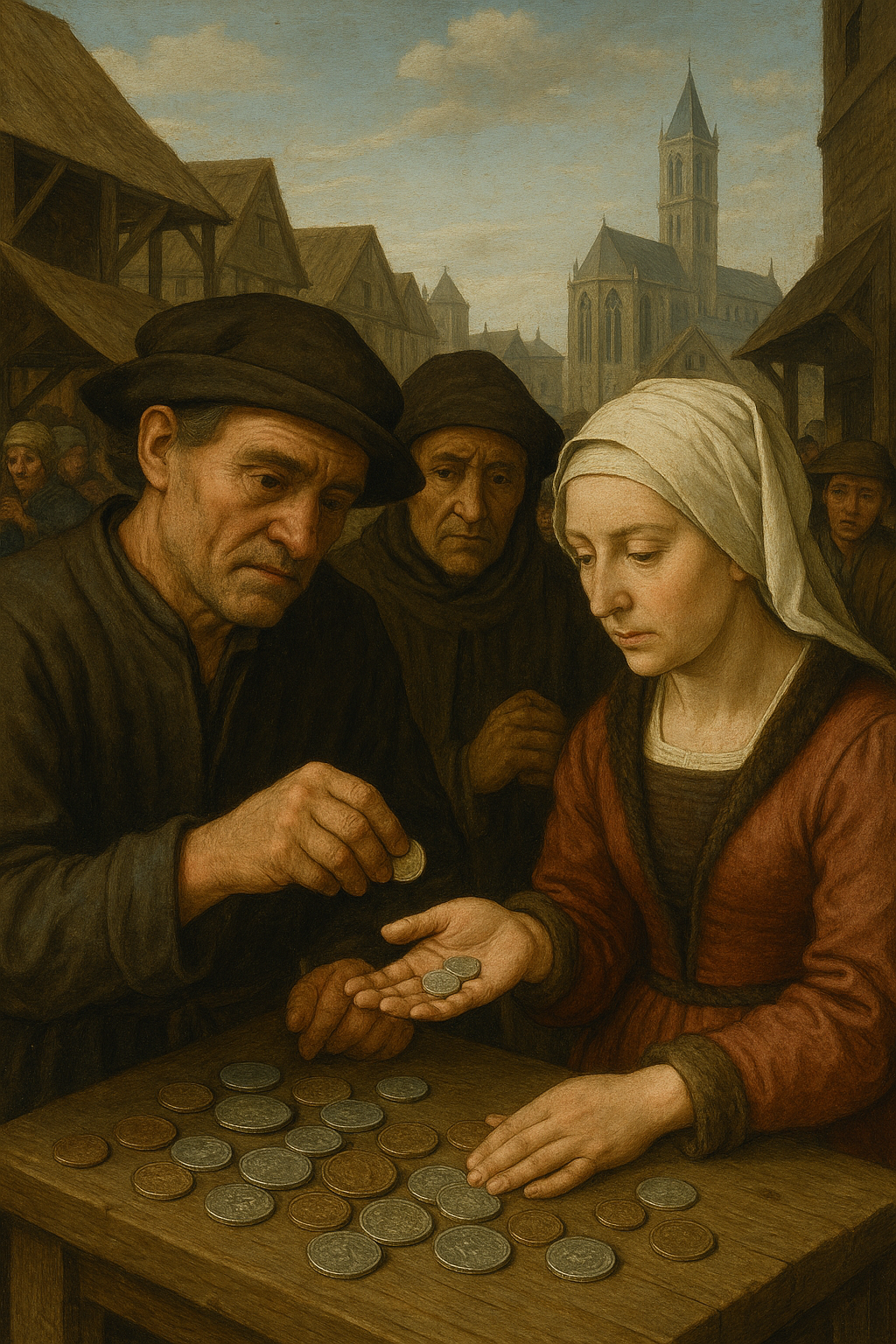 중세 봉건 사회 상인들이 은화와 동전을 사용해 거래하는 장면