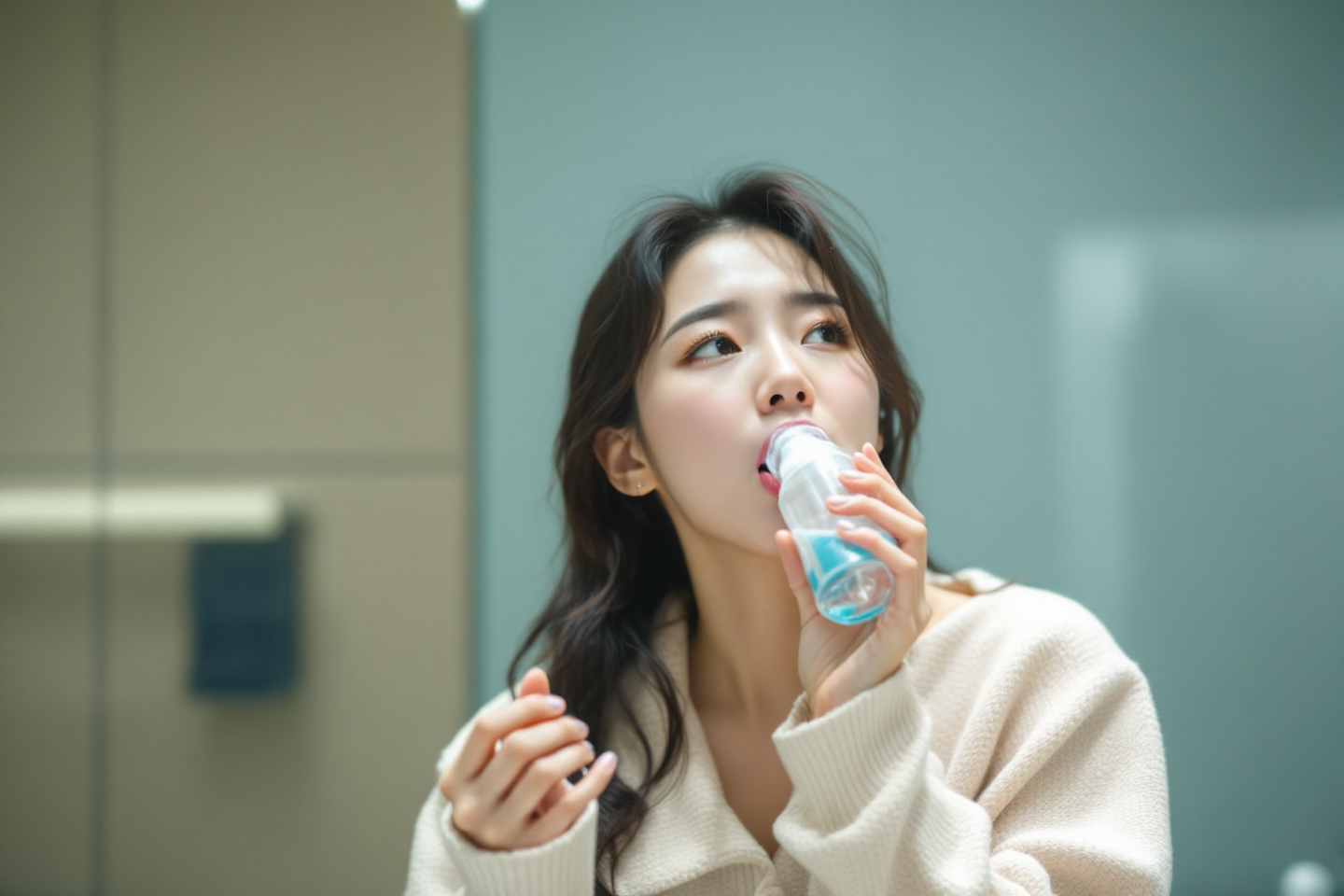 구강청결제로 입냄세를 없애기 위해 가글하고 있는 여성