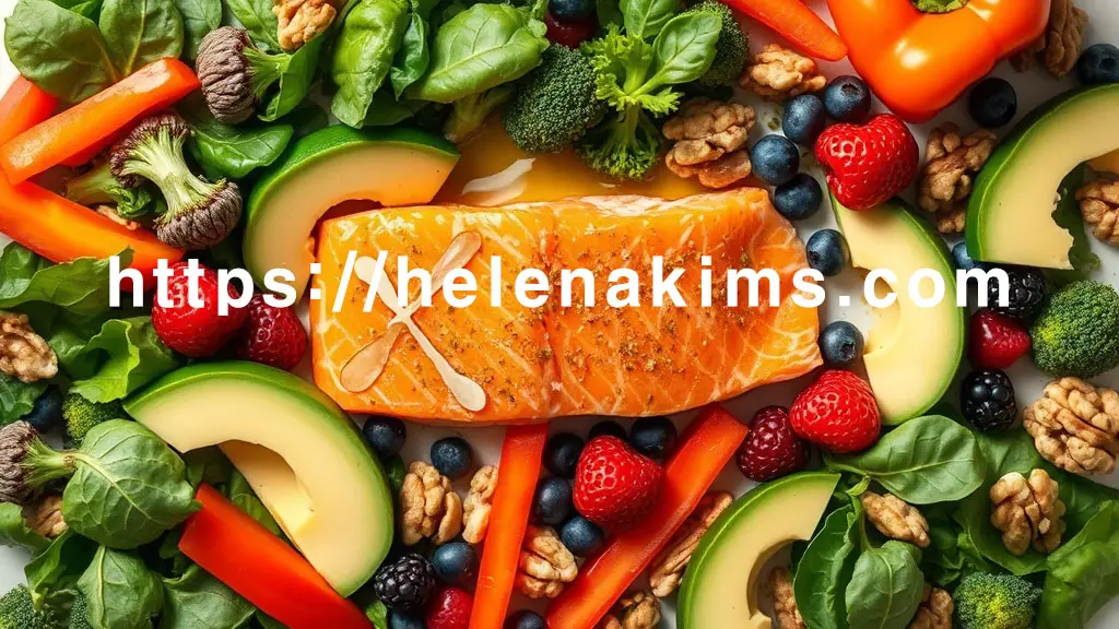 싱싱한 연어 필레와 다양한 색상의 채소 (시금치, 브로콜리, 파프리카), 아보카도, 베리류, 호두, 올리브 오일 등이 정갈하게 놓여있는 이미지.