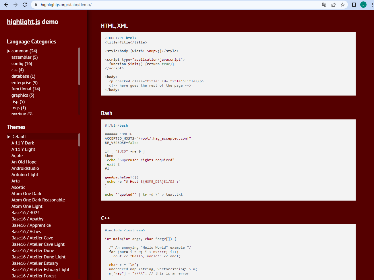 highlight.js 웹사이트 - 테마 선택
