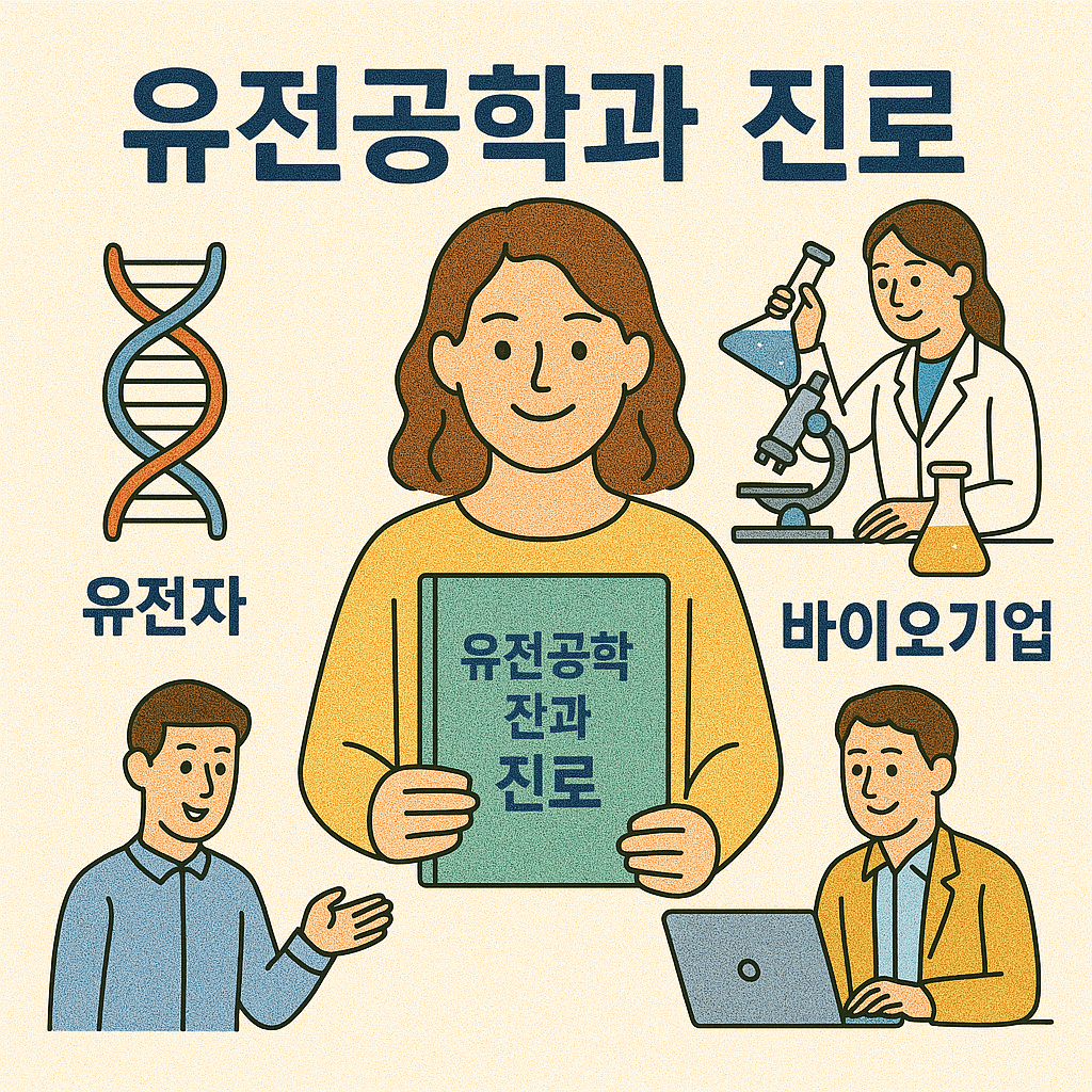 유전공학과 진로를 주제로 유전자 연구, 연구소 근무, 바이오기업 분야를 친근한 색감과 직관적인 일러스트로 표현한 포스터]