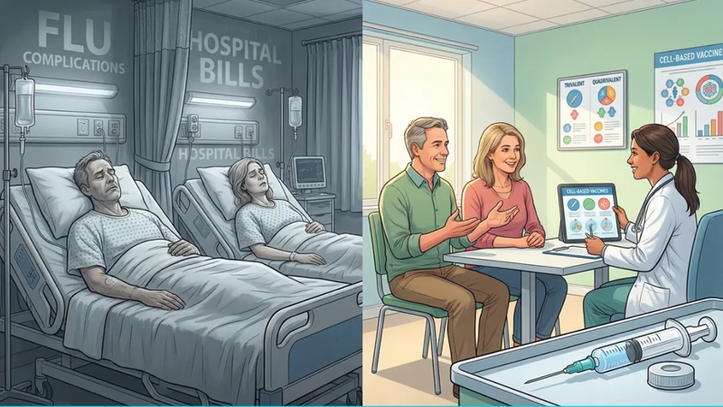 독감에 걸려 고통받던 중장년 남녀가 2026년 독감 예방접종 정보를 확인하고 나에게 맞는 백신을 선택하여 건강을 지키는 Before/After 모습. 독감 예방접종과 백신 선택.