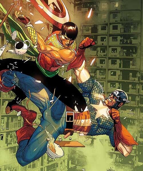 샹치와 캡틴이 전투를 벌이는 모습