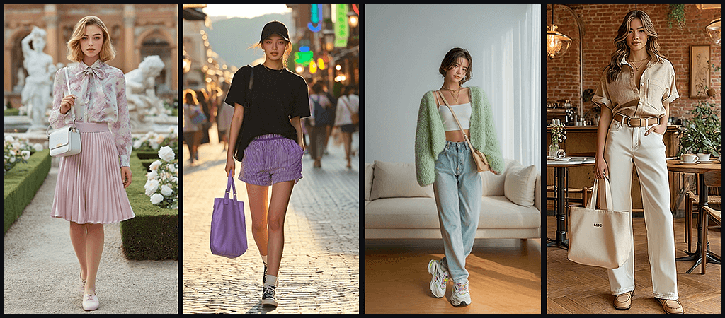 룩북 응용, OREF로 고정된 동일한 의상을 입은 모델이 모던 인테리어, 거리 스트리트 등 다양한 공간과 분위기로 연출된 화보 이미지 모음_Midjourney