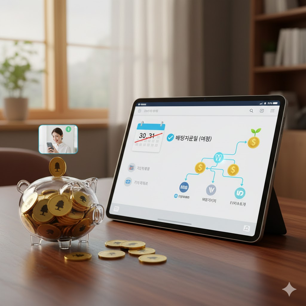 연말 배당 시즌을 상징하는 달력과 그 위에 안정적인 수입을 나타내는 동전들이 쌓여있는 모습. '선배당 후투자' 제도로 인해 빨간색으로 표시된 배당일이 분산된 달력이 배당주 투자의 새로운 전략적 접근을 시각적으로 보여줌