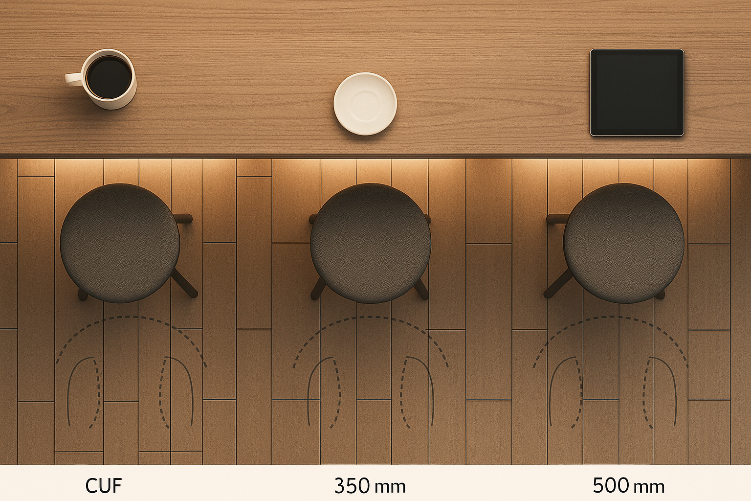 바테이블 상판 깊이 350/400/450mm를 탑뷰로 비교; 각 상판 앞 스툴과 무릎&middot;발 여유를 점선으로 표현, 상판 하부 2700K LED 스트립