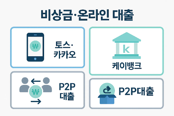 무직자 대출을 위한 비상금 대출과 온라인 대출 인포그래픽으로 토스, 카카오, 케이뱅크, P2P대출 등 무직자도 접근 가능한 금융사 정보를 안내