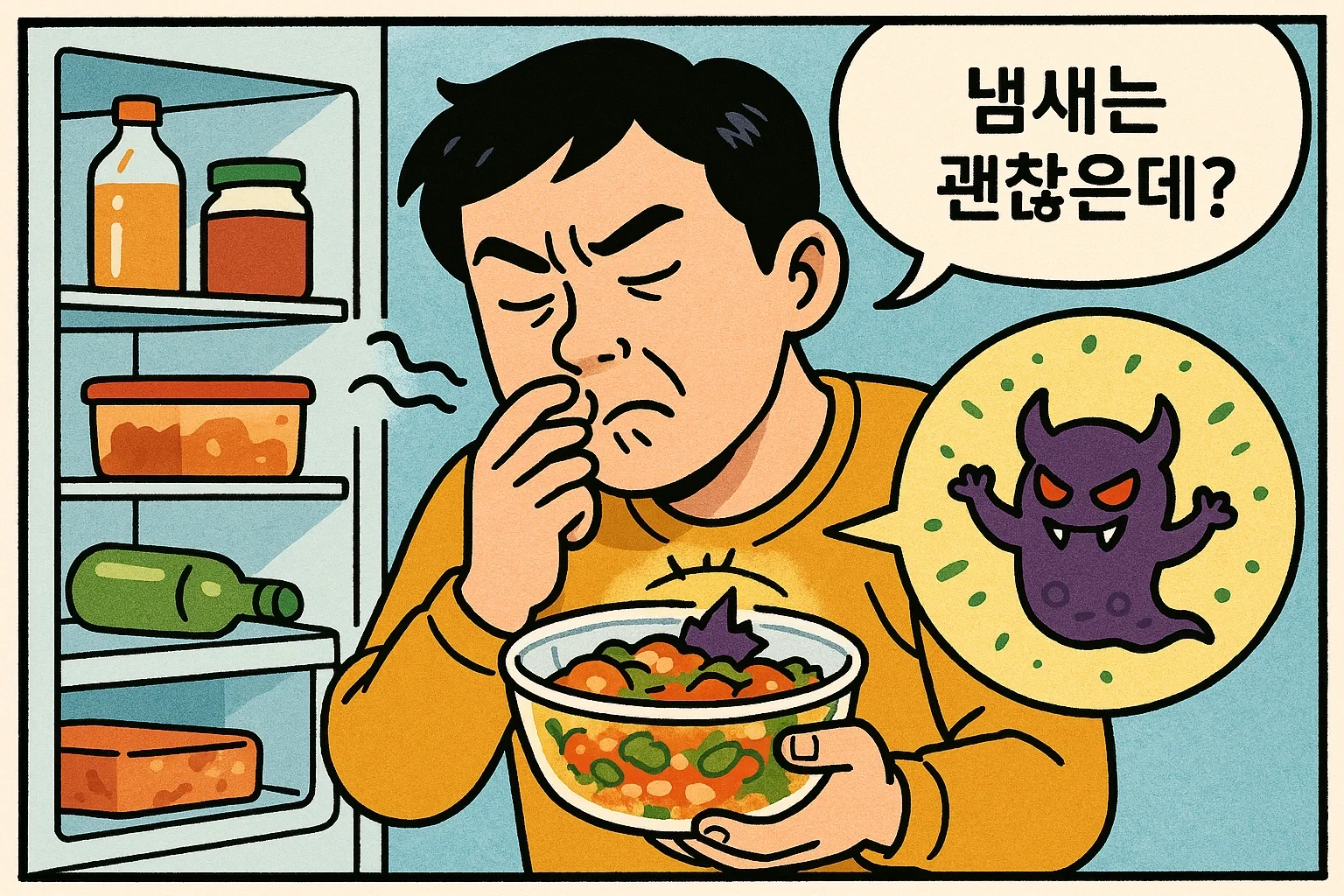 후각으로-식중독을-판단하고-있는-아빠