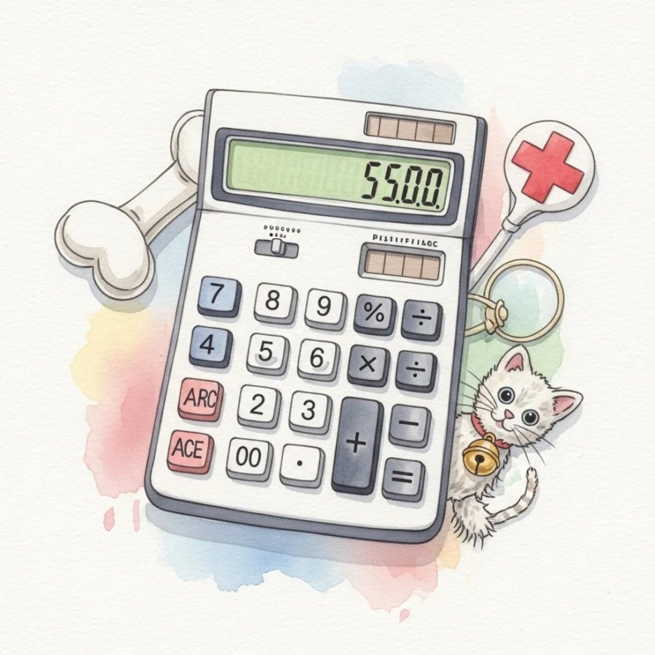 계산기와 반려동물 용품으로 표현된 펫보험료 산정