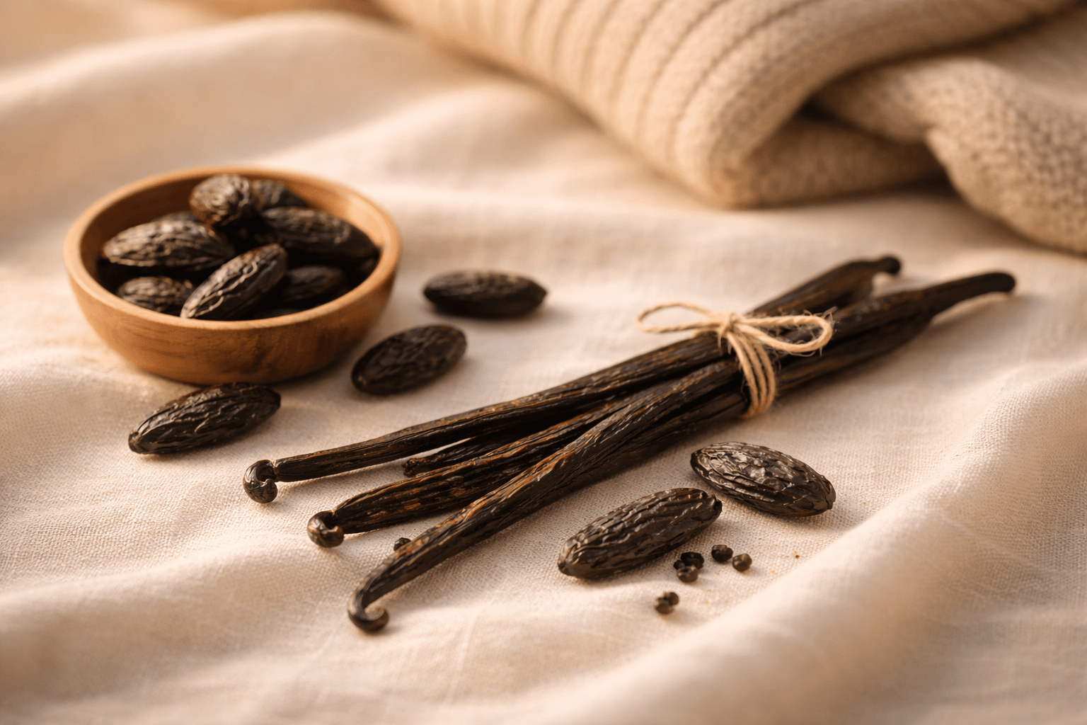 오프화이트 패브릭 위에 놓인 바닐라 빈과 통카빈, 따뜻한 자연광과 니트 질감이 어우러져 크리미하고 포근한 니치 향수 베이스 노트를 표현한 감성 이미지