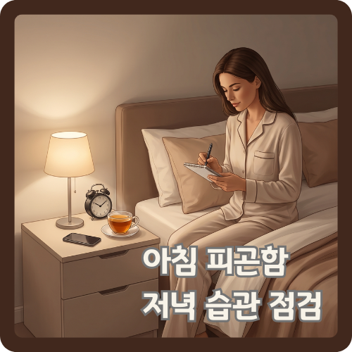 잠들기 전 침실에서 메모장과 물컵, 내려놓은 휴대폰을 두고 저녁 습관을 점검하는 여성의 수면 루틴 일러스트