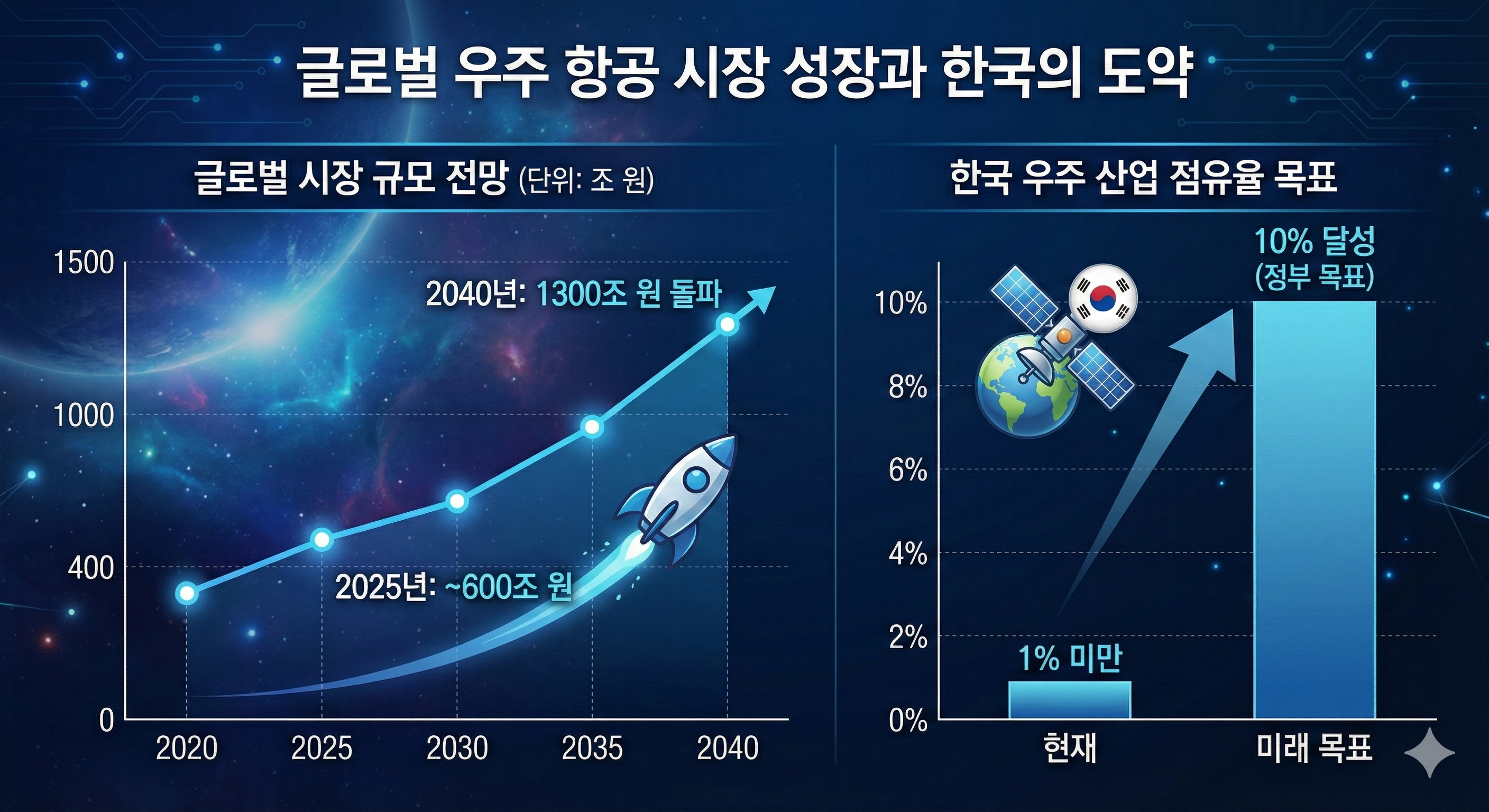 우주관련주 글로벌 시장 규모 성장 그래프와 한국 기업의 점유율 확대 현황]