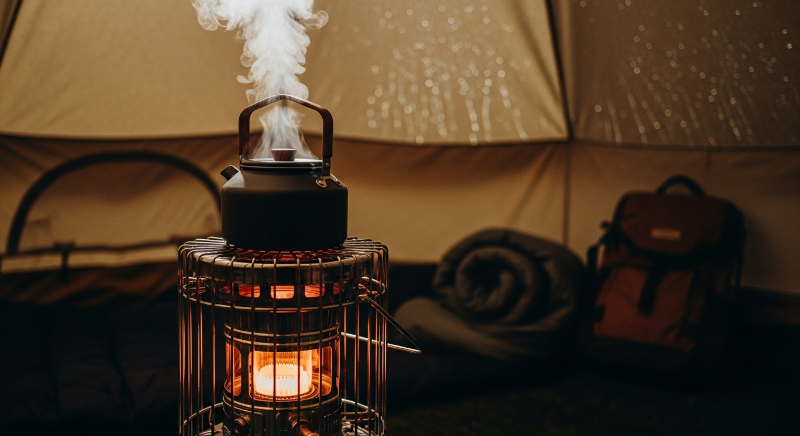 텐트 안을 따뜻하게 데워주는 등유 난로와 그 위에서 김이 모락모락 나는 주전자의 아늑한 모습