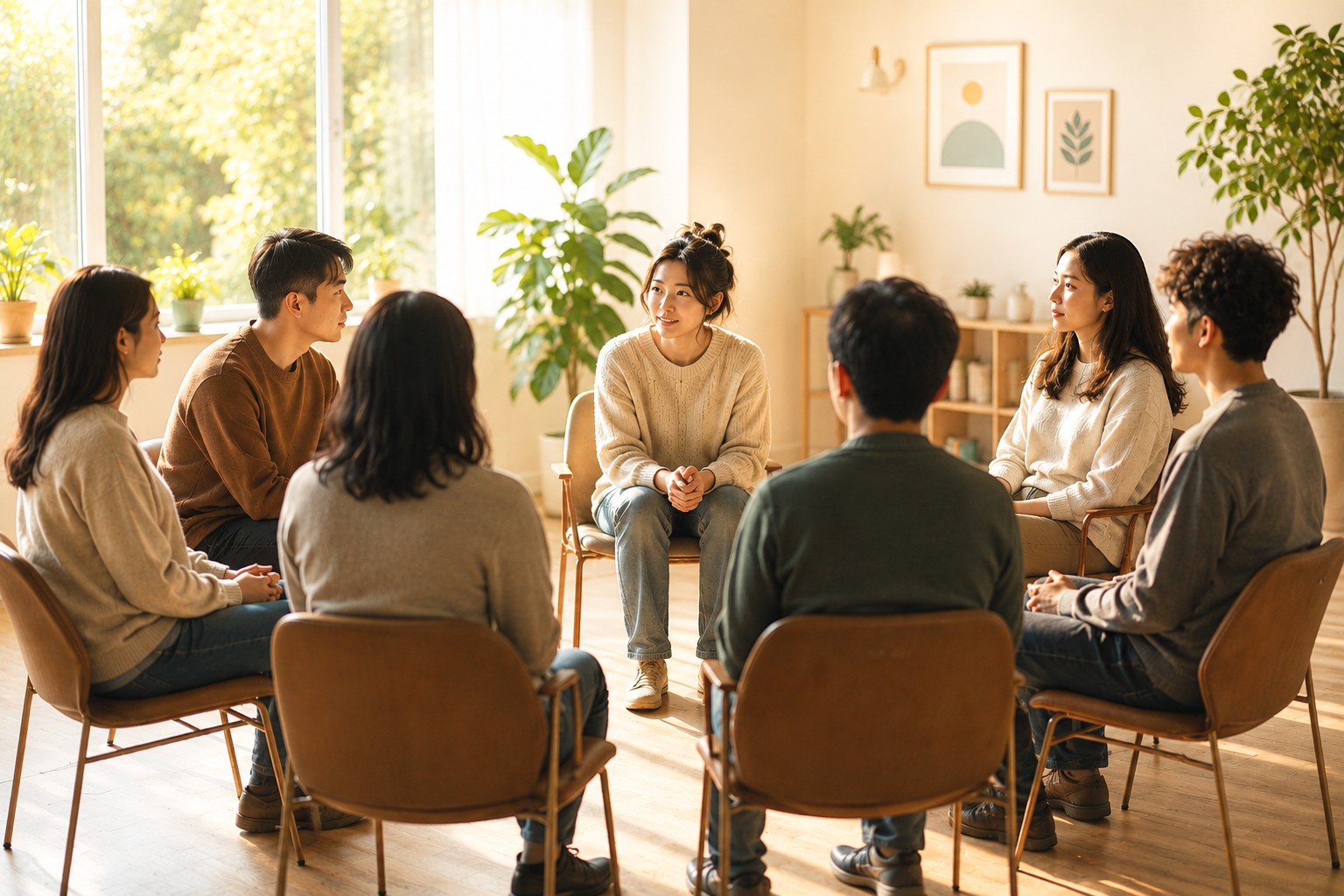 집단 게슈탈트 치료를 상징하는 원형 좌석 배치와 참여자들의 관계적 만남을 표현한 이미지