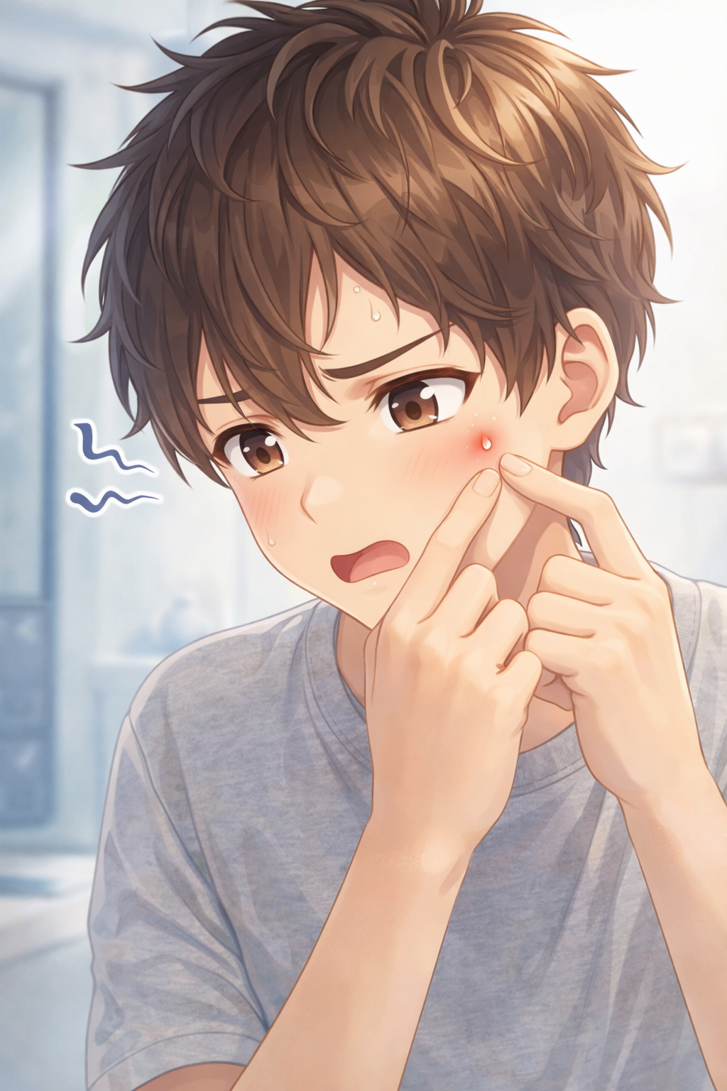 여드름을 짜는 청소년